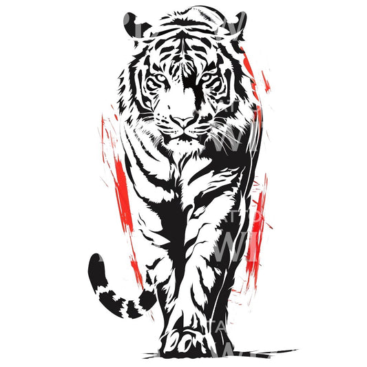 Fierce Walking Tiger Black and White Tattoo Design