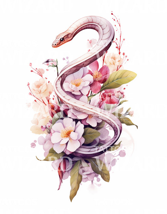 Serpent avec conception de tatouage de fleurs sauvages