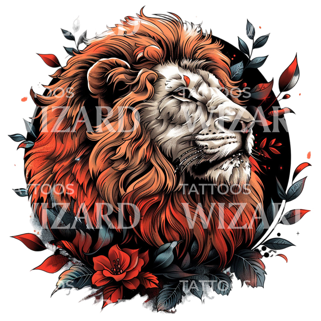 Old School Lion and Roses in Circle Tattoo Design