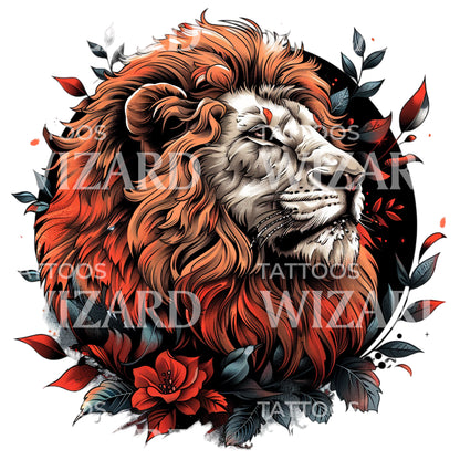 Old School Lion and Roses in Circle Tattoo Design