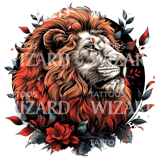 Old School Lion and Roses in Circle Tattoo Design