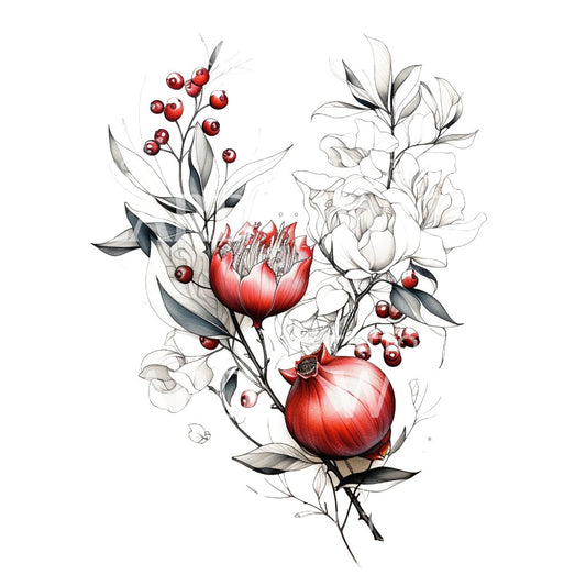 Blüten- und Granatapfel-Tattoo-Design