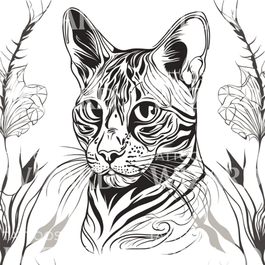 Bengal Cat Head with Patterns Tattoo Design