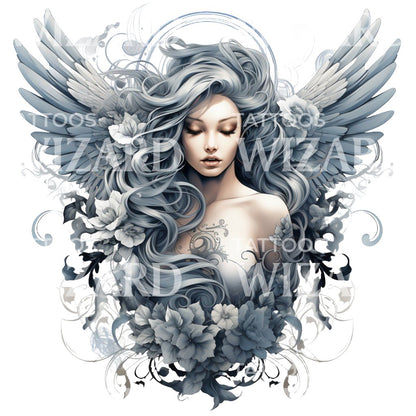 Delicate Angel Woman Portrait Tattoo Design