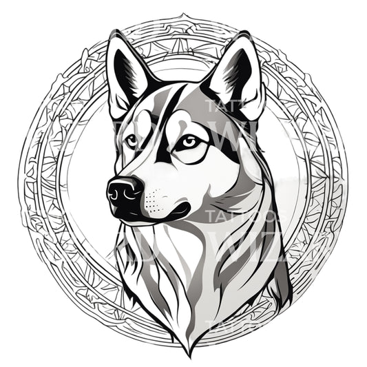 Siberian Husky Dog Head with Circle Patterns Tattoo Design
