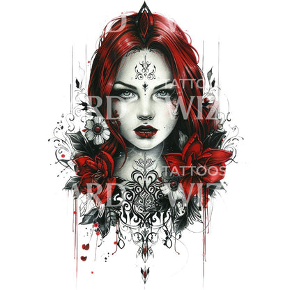 Redhair Fantasy Woman Portrait Tattoo Design