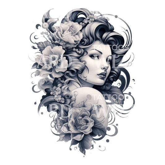 Black and Grey PinUp Woman Tattoo Design
