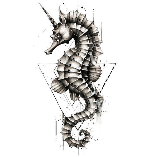Conception détaillée de tatouage d'hippocampe noir et gris