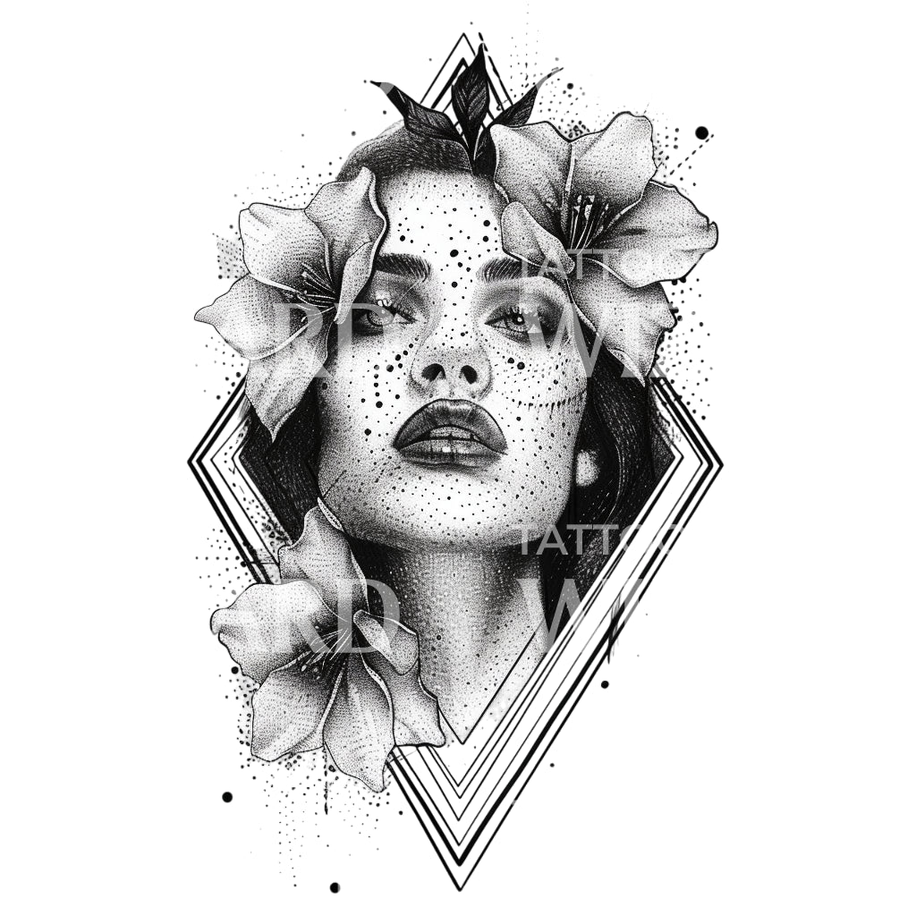 Atemberaubendes Frauenporträt mit Blumen Tattoo-Design