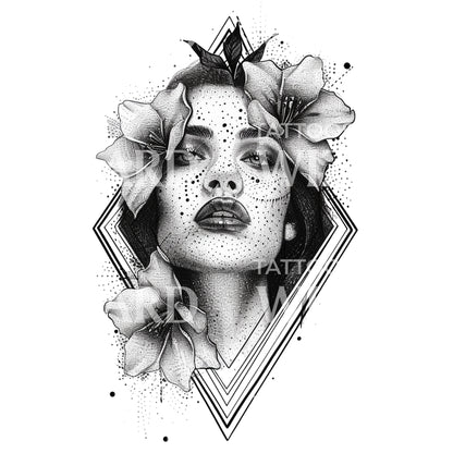 Stunning Woman Portrait with Flowers Tattoo Design