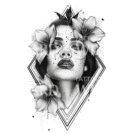 Atemberaubendes Frauenporträt mit Blumen Tattoo-Design