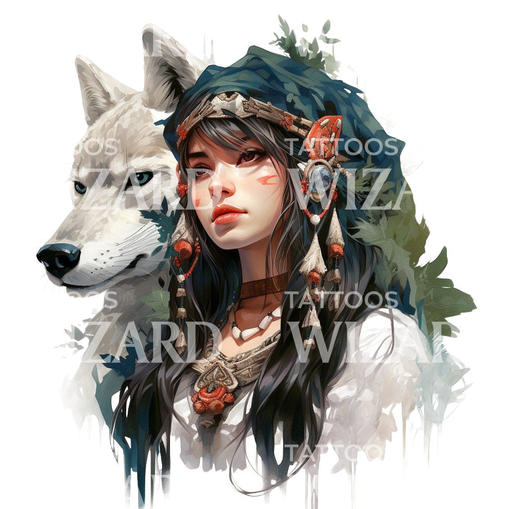 Native Princess with Wolf Tattoo Design