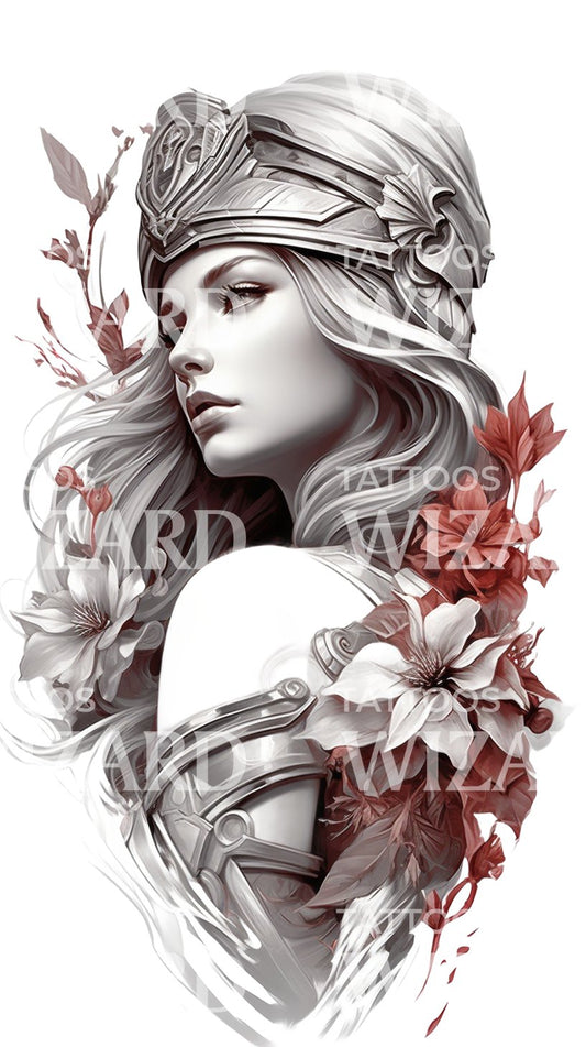 Warrior Woman Portrait with Flowers Tattoo Design