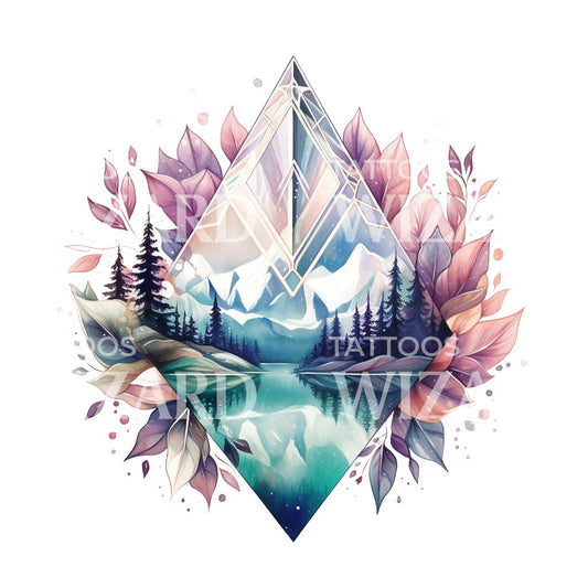 Conception de tatouage de montagnes et de fleurs en forme de diamant