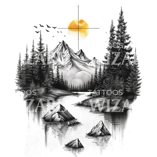 Lake Mountain with Yellow Sun Tattoo Design