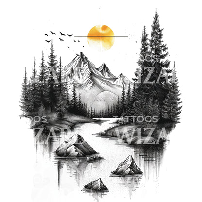 Lake Mountain with Yellow Sun Tattoo Design