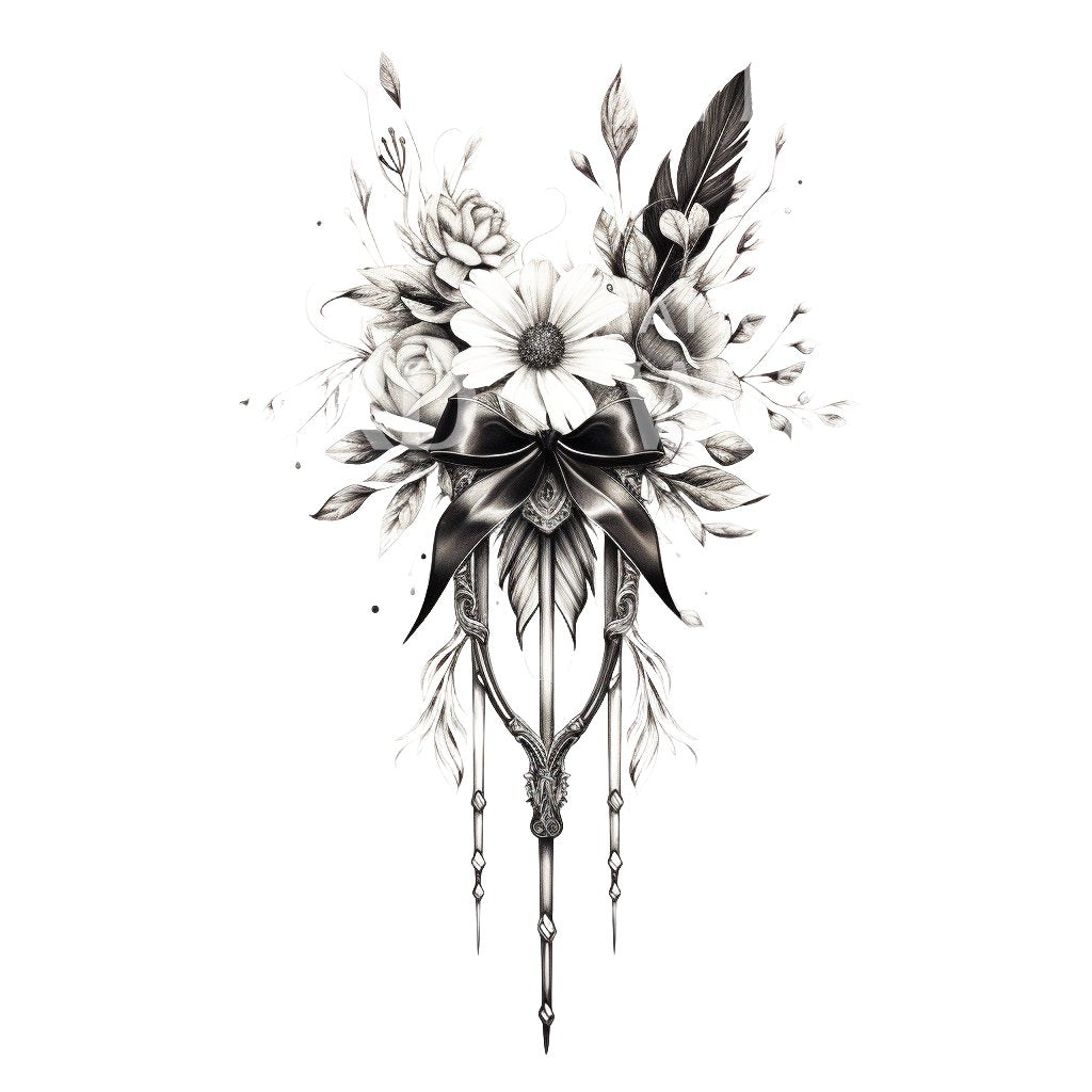 Tattoo-Design mit Blumen und Schleife auf halben Ärmeln
