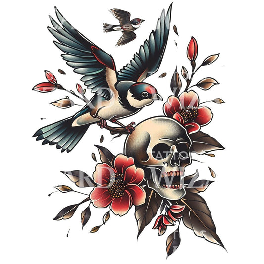 Old School Skull and Swallow Tattoo Design