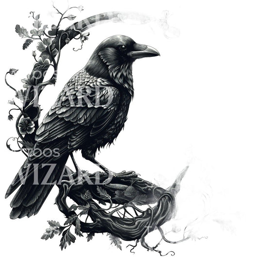 Raven On Circular Branch Tattoo Design