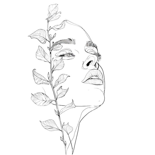 Einzeiliges Frauenporträt und Pflanzen-Tattoo-Design