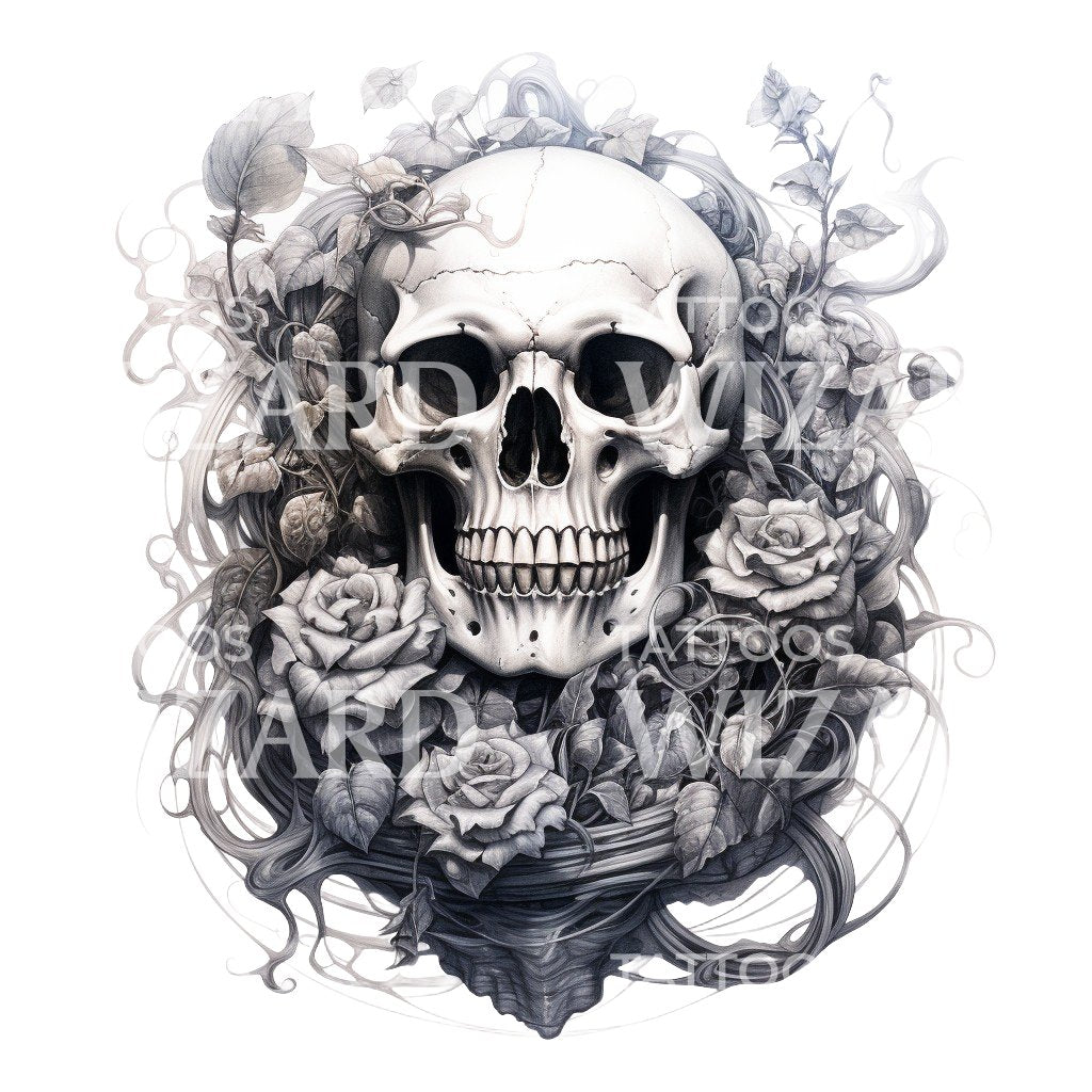 Skull and Roses Black and Grey Tattoo Design