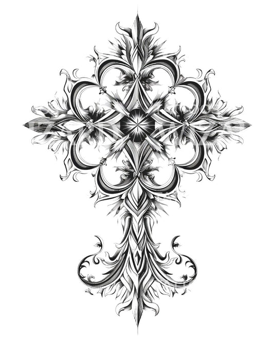A Black and Grey Ornamented Gothic Cross Tattoo Design