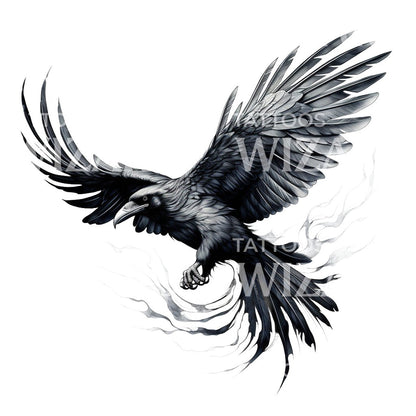 Blackwork Flying Crow Tattoo Design