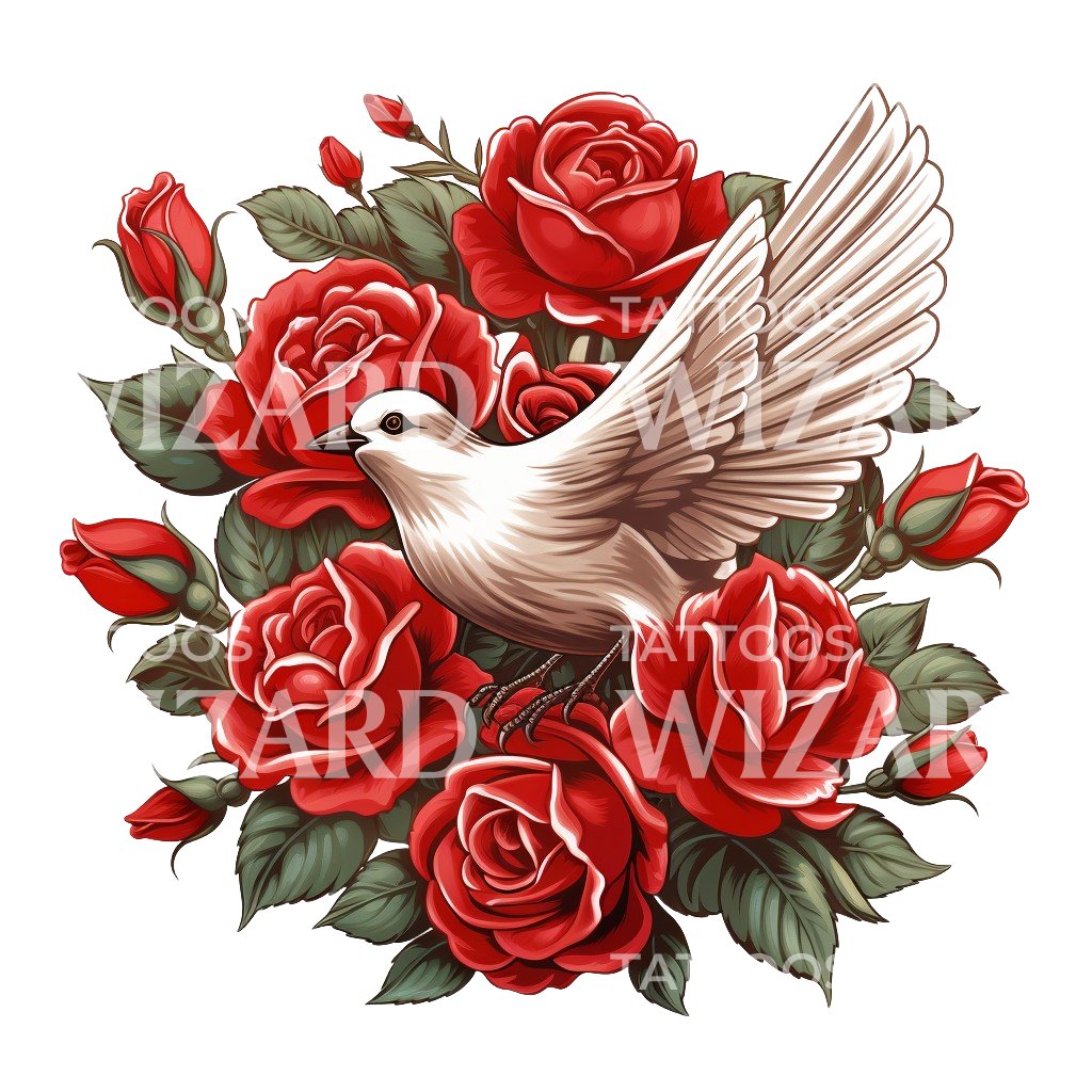 Neo Traditional Dove with Roses Tattoo Design