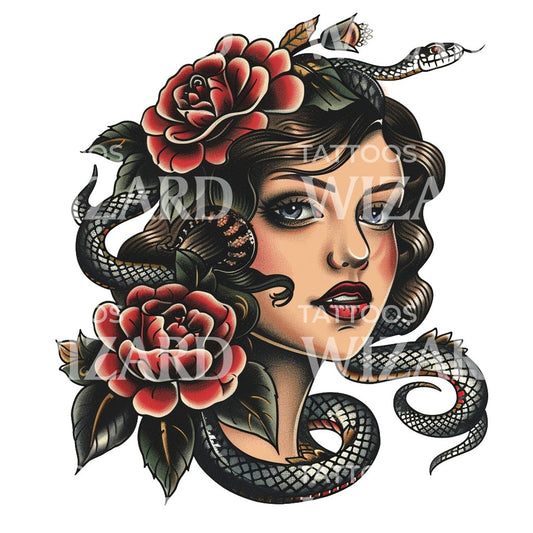 Vintage Portrait Woman and Snake Tattoo Design