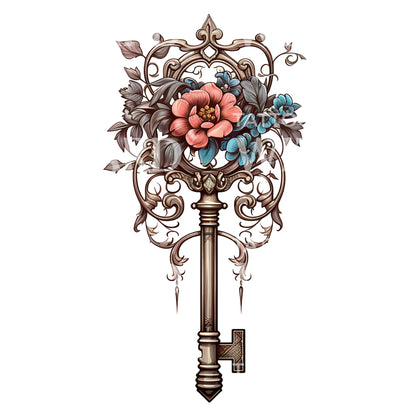 Metal Artwork Key with Flowers Tattoo Design