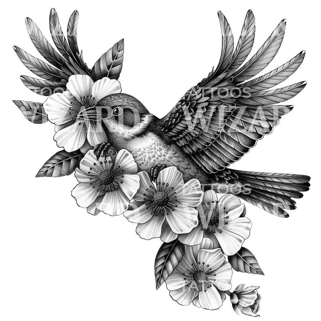 Oiseau volant dans la conception de tatouage de fleurs de cerisier