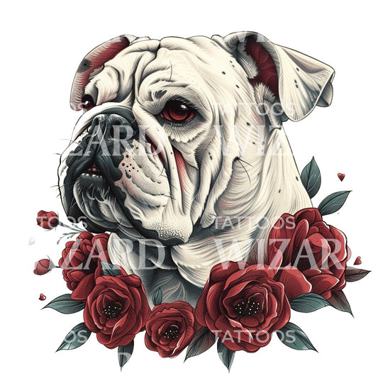 Old School Bulldog and Roses Tattoo Design