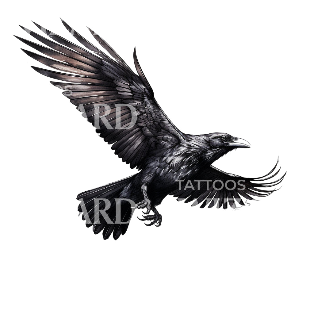 Schwarzes Tattoo mit fliegender Krähe