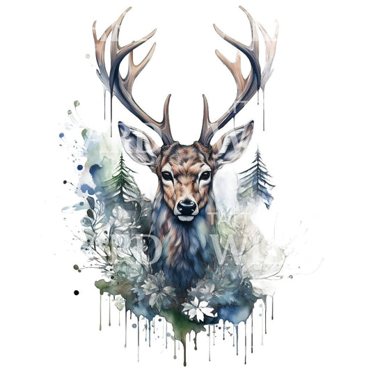 Watercolor Deer Portrait in Forest Tattoo Design