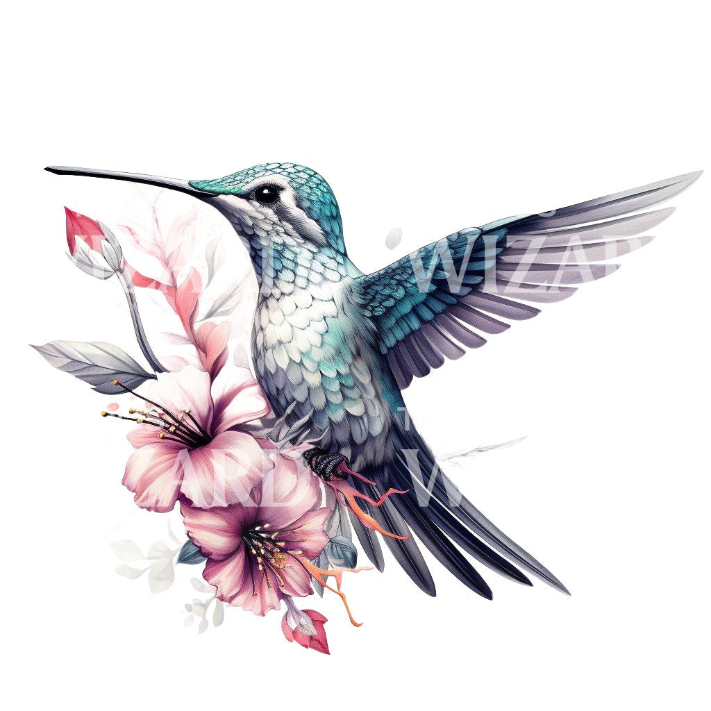 Niedlicher Kolibri mit Blumen Tattoo-Design