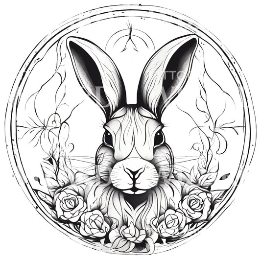 Rabbit Floral Circle Tattoo Design