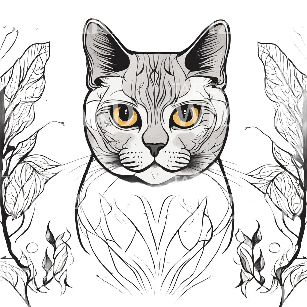 Tattoo-Design mit Kopf einer Britisch Kurzhaar-Katze mit Blumenmuster