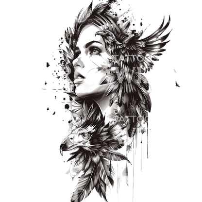 Mystical Eagle Goddess Tattoo Design