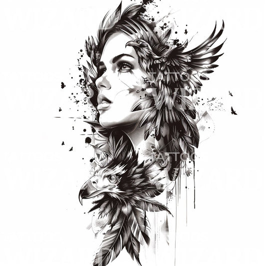 Mystical Eagle Goddess Tattoo Design
