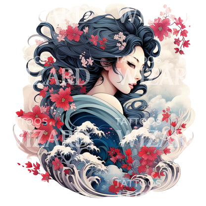 Japanese Woman and Sakura Tattoo Design