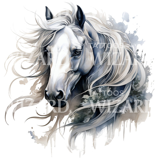 Tattoo-Design mit Porträt eines weißen Pferdes