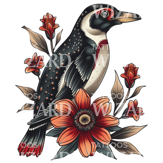 Pingouin oldschool avec conception de tatouage de fleurs