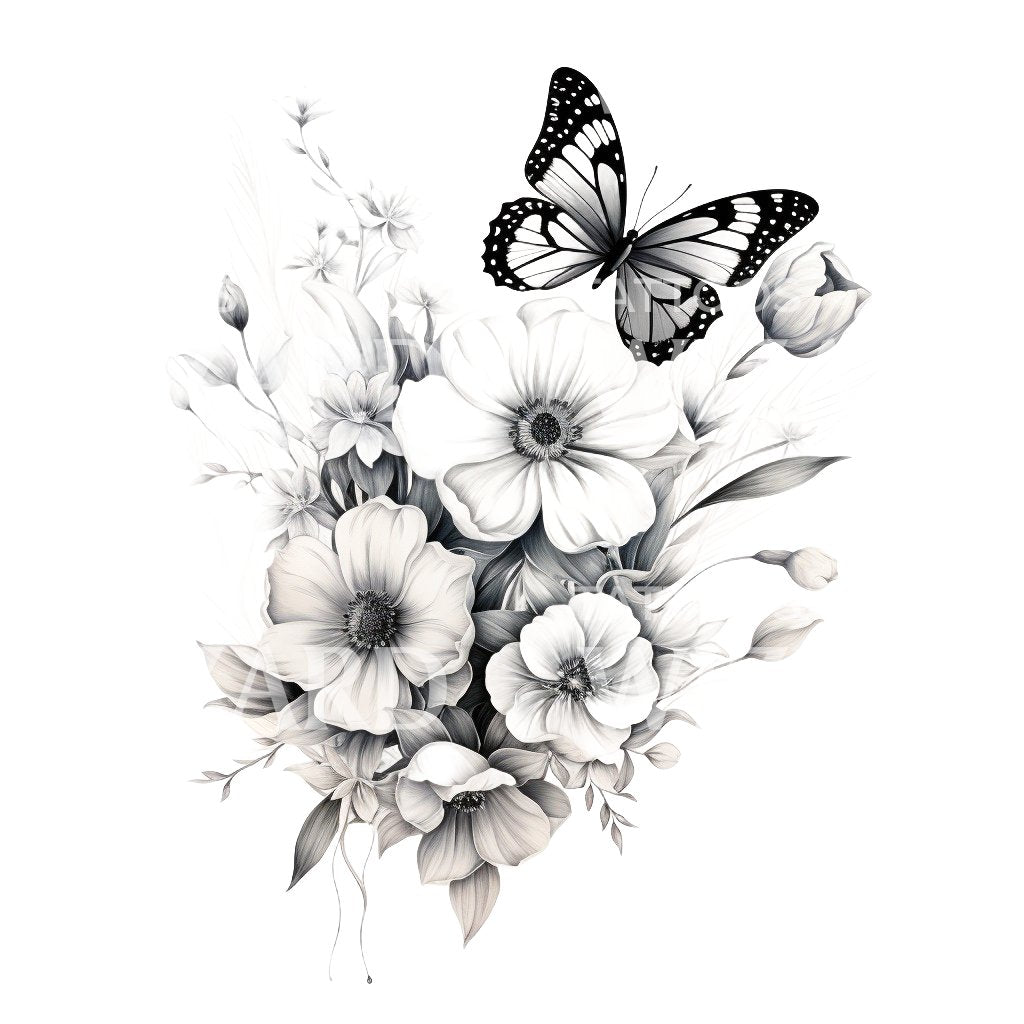 Schwarze und graue Blumen und Schmetterling