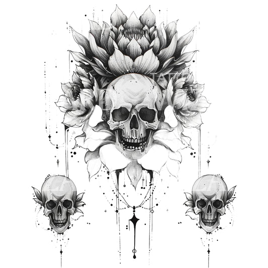 Three Skulls Black & Grey Tattoo Design
