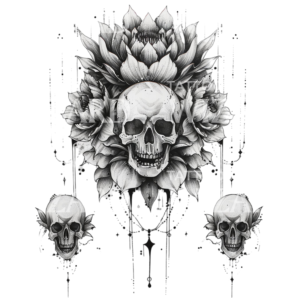 Conception de tatouage noir et gris à trois crânes