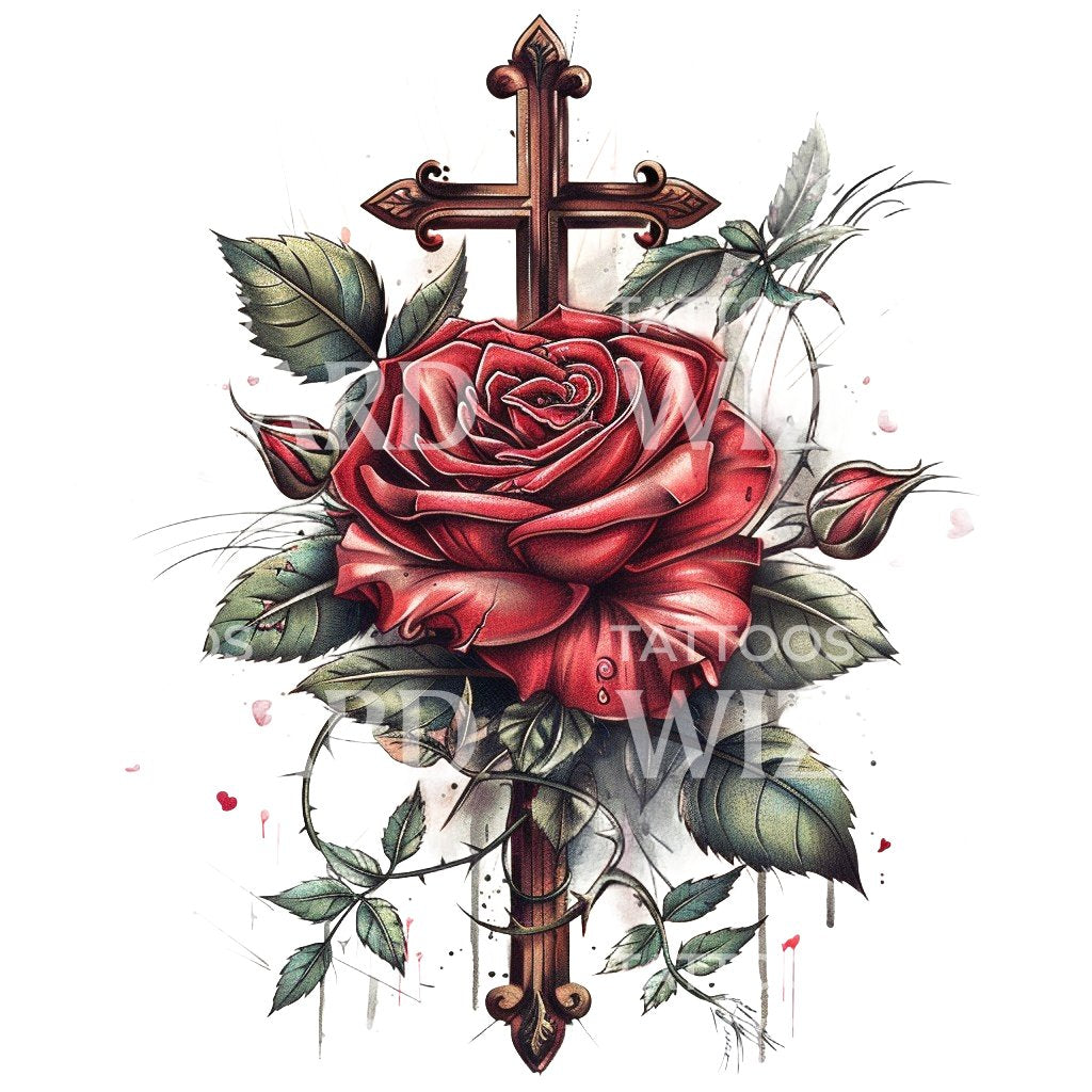 Tattoo-Design mit Rose und christlichem Kreuz