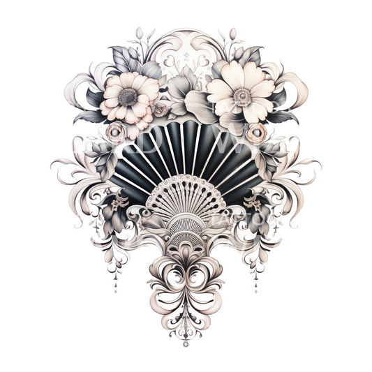 Vintage Fan Decor with Flowers Tattoo Design
