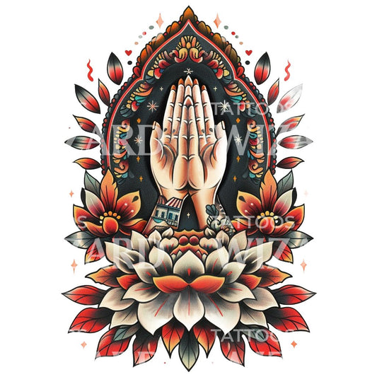Lotus and Hands Praying Tattoo Design