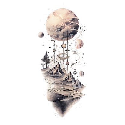 Planets and Mountain Landscape Dotwork Tattoo Design