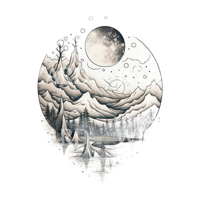 Dotwork Round Landscape Mountains Tattoo Design